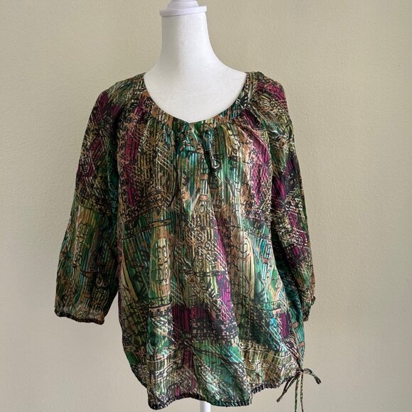 Neiman Marcus Blouse Womens SZL Silk Blend Multicolor Print Long Sleeve Side Tie - Picture 1 of 9